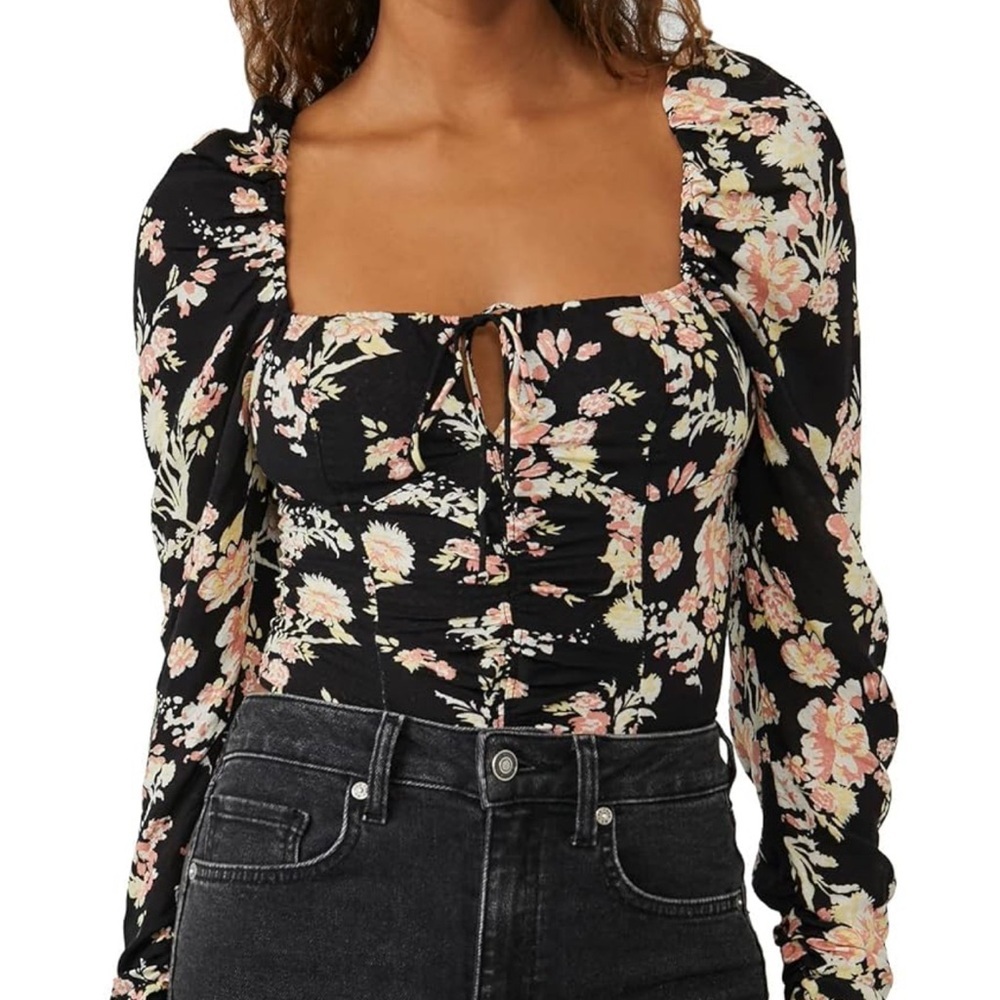 Free People Black Floral Smocked Back Long Sleeve Top